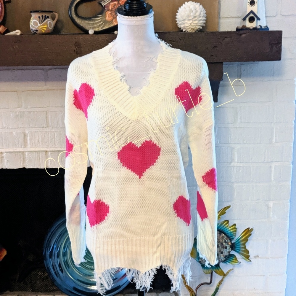 New Heart  Embellished Off Shoulder Knit Sweater - Picture 2 of 8